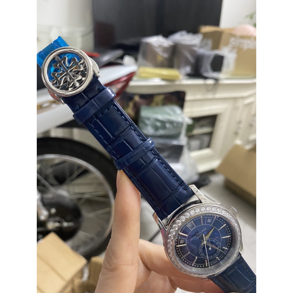 Đồng hồ Nam Ptek vành đá trăng sao máy nhật chạy cơ Automatic có thứ ngày tháng vỏ trắng dây da