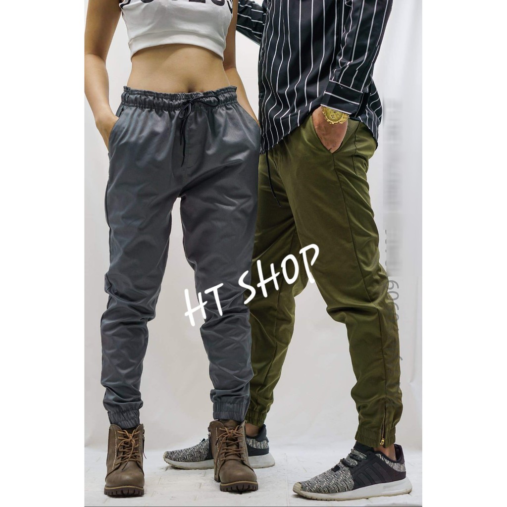 Jogger nữ kaki khóa zip chân