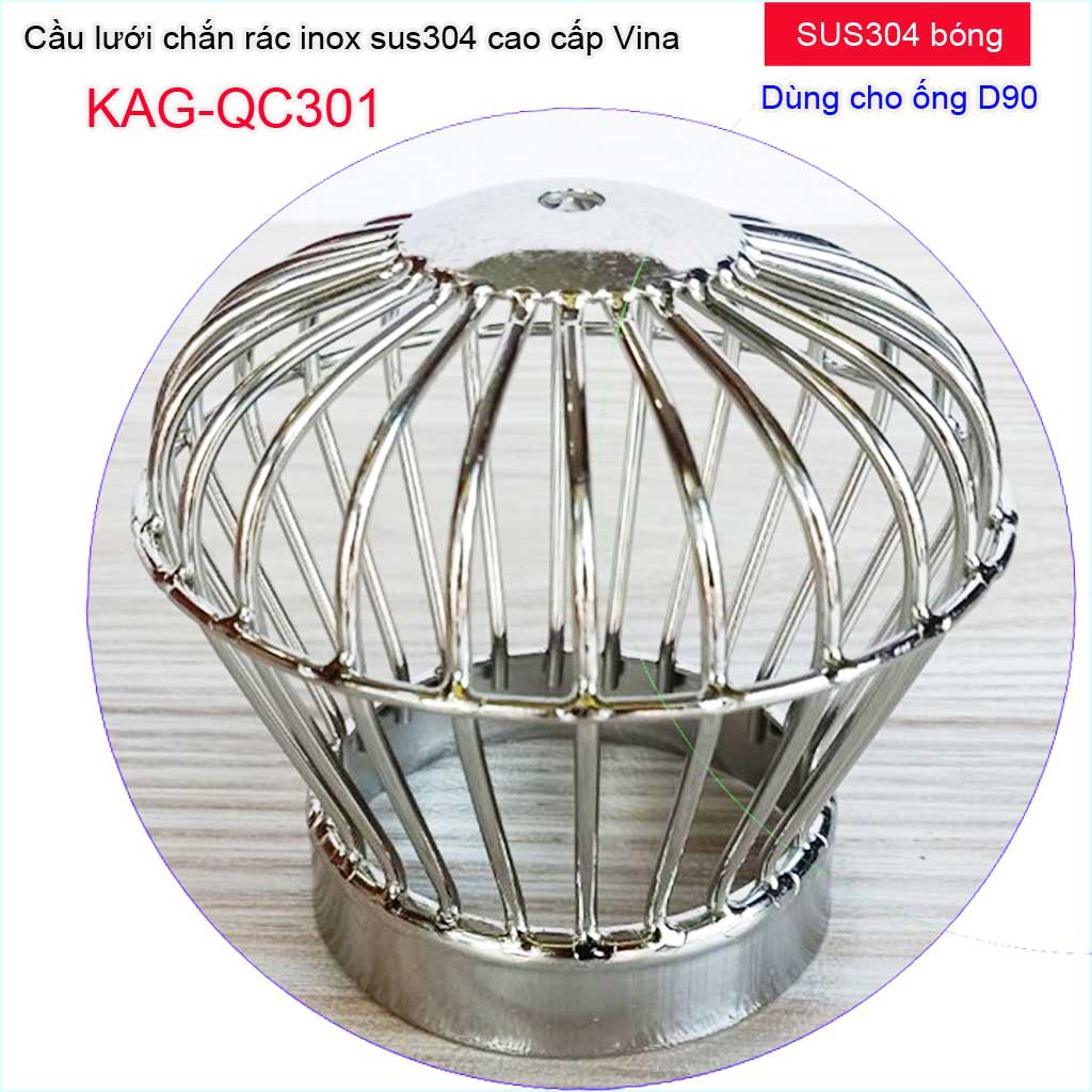 Quả cầu lưới Inox 304 kiếu đế thấp, lưới chắn rác sân thượng, Cầu chặn rác thoát nước mưa thả ống D60-D90