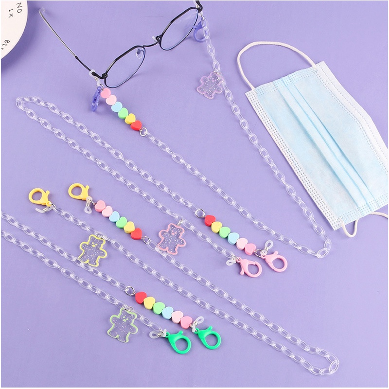 Dây đeo khẩu trang mắt kính bằng Acrylic hình trái tim đính gấu cho bé 62CM HOT TREND KT9