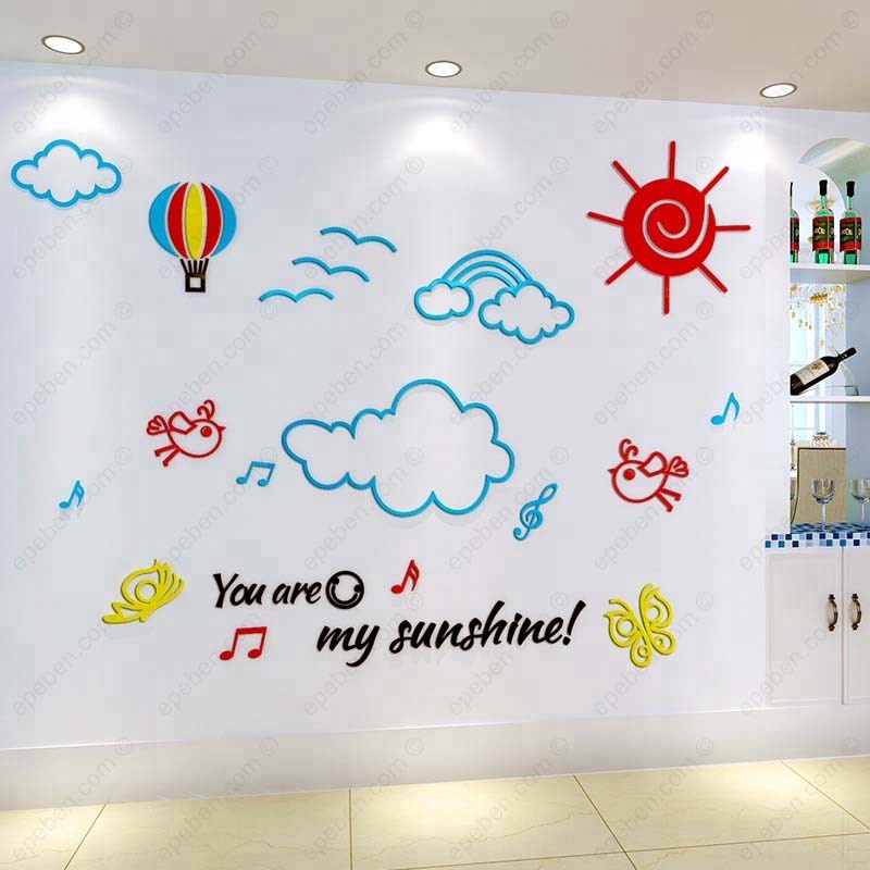 Tranh dán tường mica 3d decor khổ lớn bầu trời trong xanh và mây trắng trang trí mầm non, phòng bé Nhiều Size - EPeBen
