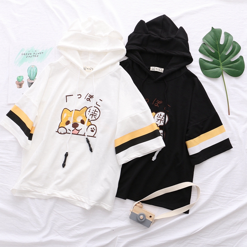 Áo Thun Hoodie Tay Lỡ Dáng Rộng In Hình Cún Shiba Phong Cách Hàn Quốc Dễ Thương Cho Nữ