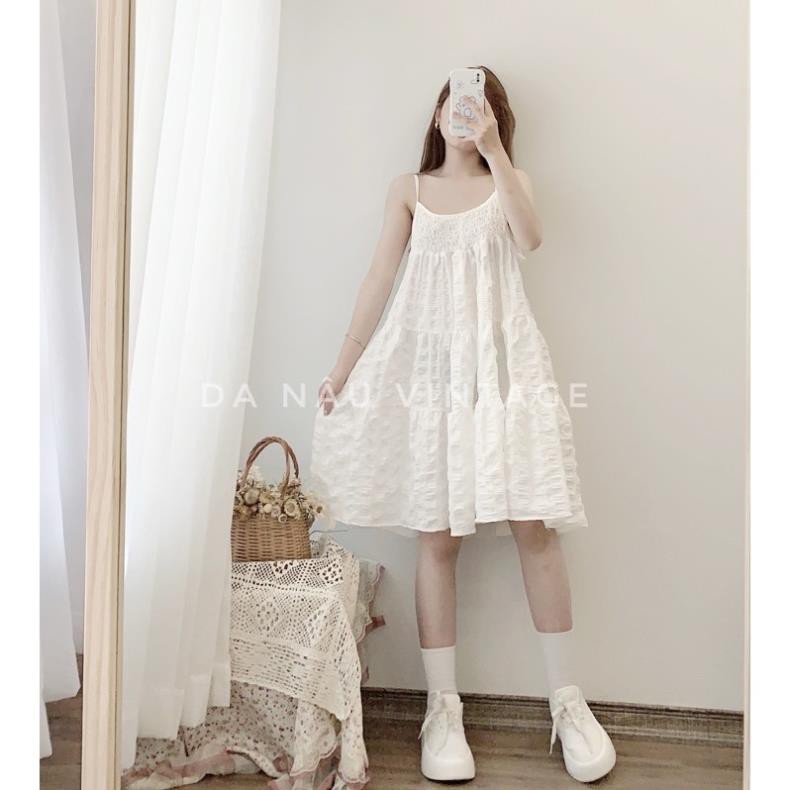 váy, đầm dây babydoll màu trắng công chúa bồng bềnh (cam kết ảnh shop chụp thật 100%)  ཾ