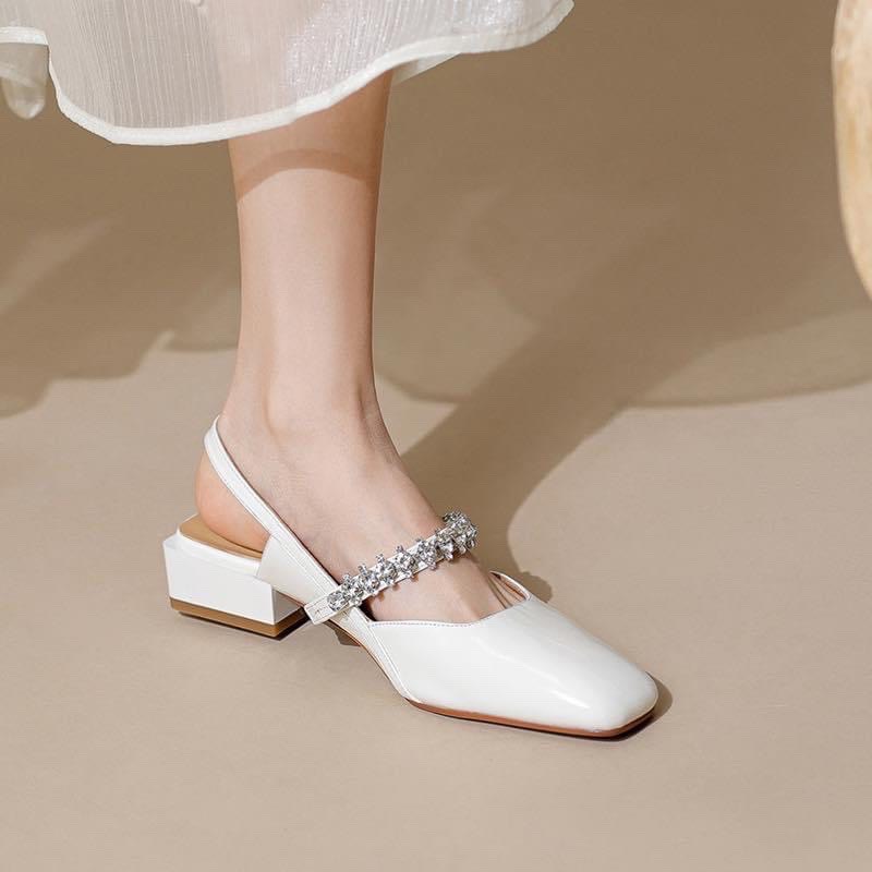 Sandal da bóng đen trắng nude quai ngang mảnh viền đá cực xinh - 2P