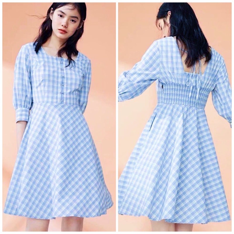 Đầm váy caro xanh thun eo sau (kèm hình thật)