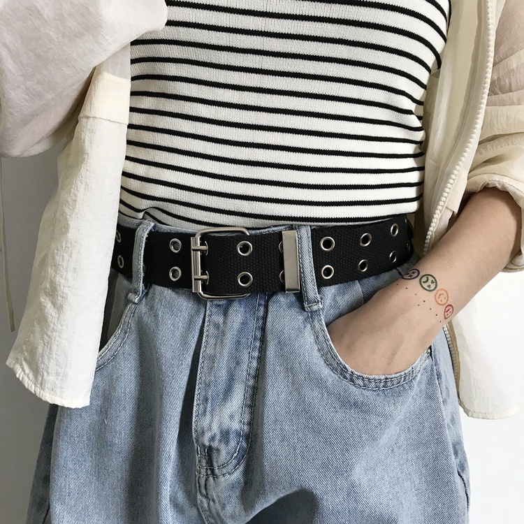 Thắt Lưng Vải Canvas Hai Hàng Lỗ Kim Loại Phong Cách Hip Hop Hàn Quốc Thời Trang Cho Nam Và Nữ