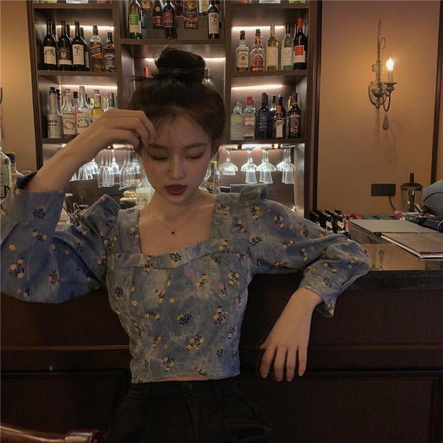 Áo Kiểu Tay Phồng Dài Cổ Vuông Hở Vai In Họa Tiết Hoa Phong Cách Pháp Cổ Điển Thời Trang Cho Nữ