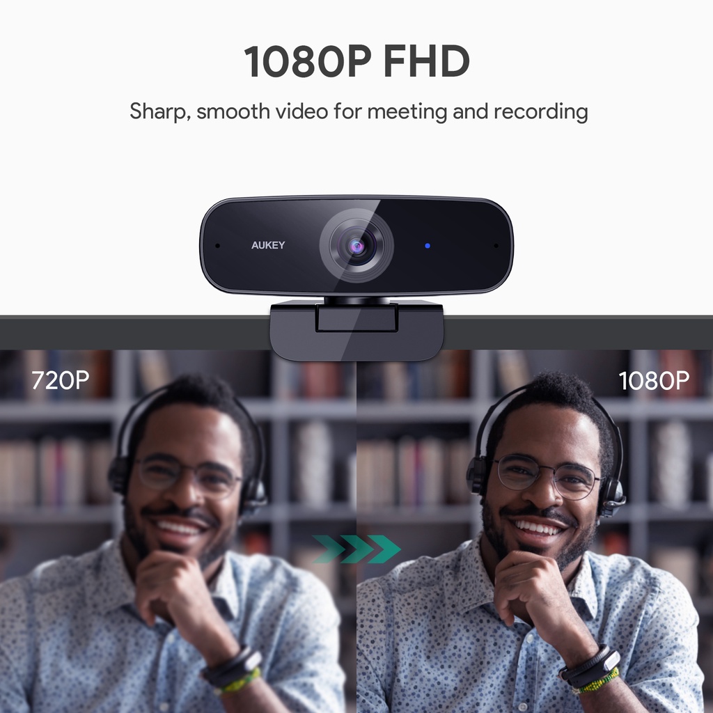Webcam máy tính AUKEY PC-W3 Có 2 Mic Chống Ồn 1080P FHD 5m tự động lấy nét cho Windows XP / Mac OS 10.6 / Android