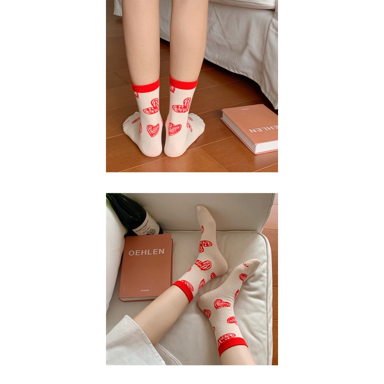 Vớ cổ cao nữ dễ thương Hàn Quốc Tất dài cao cổ Cute nữ Cotton Cao cấp In hình Trái tim