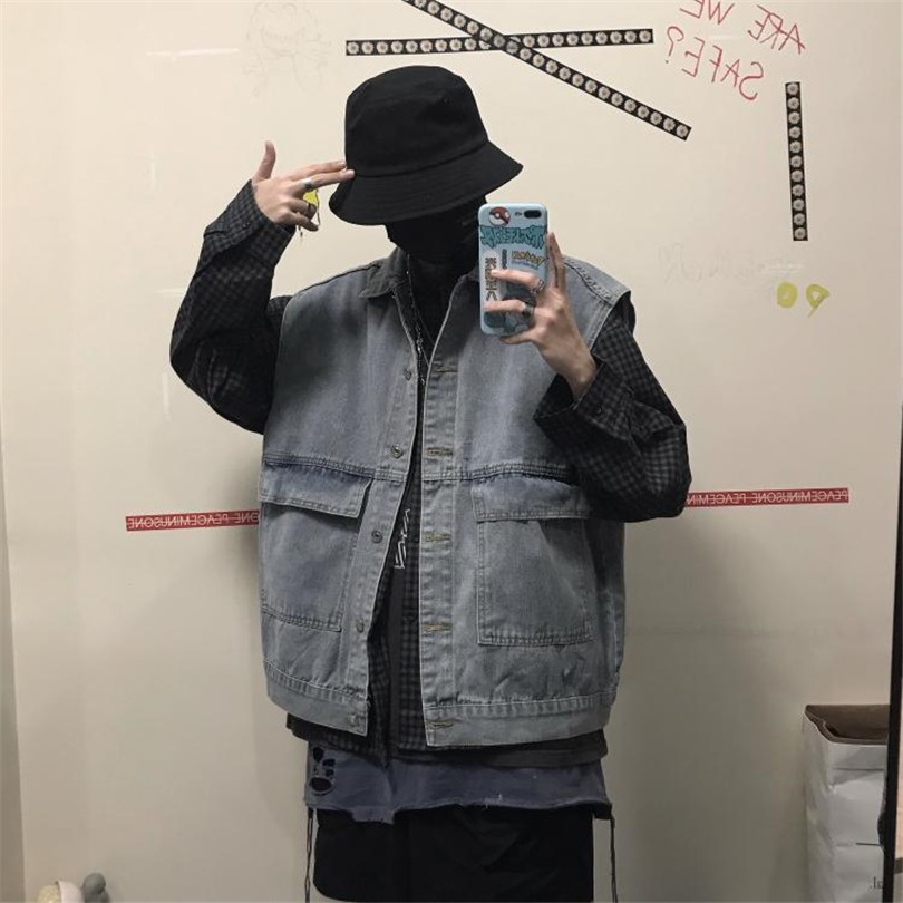 Áo Khoác Denim Không Tay Dáng Rộng Phong Cách Harajuku Hàn Quốc Thời Trang Cho Nam Nữ 12802