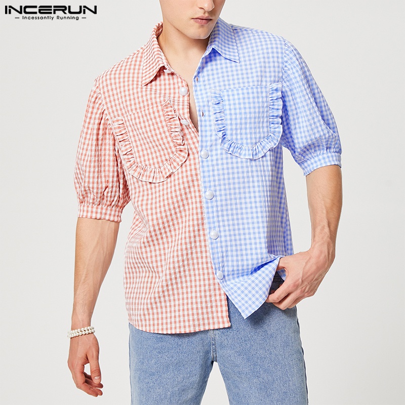 Áo sơ mi Incerun tay ngắn viền nhún bèo in kẻ sọc nhiều màu bắt mắt kiểu mùa hè cho nam