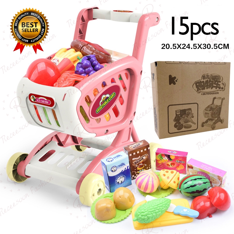 Bộ 15 món đồ chơi xe đẩy siêu thị + trái cây vui nhộn đáng yêu giáo dục cho bé