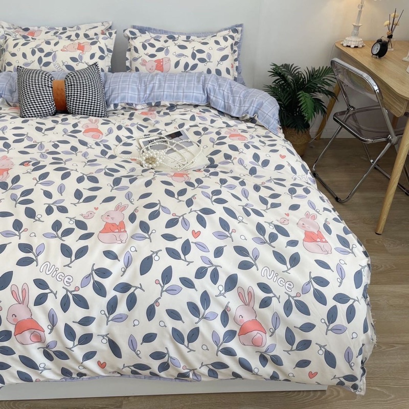 Set Bộ Vỏ Chăn Ga Gối Cotton Poly Thỏ Và Lá, Chất Vải Đanh Mát _shinbedding