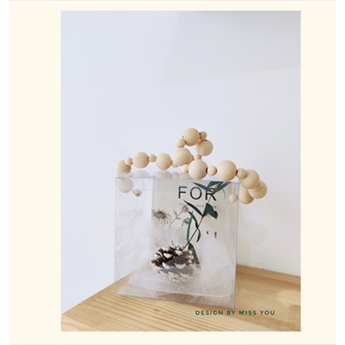 (Vuông 12cm) Túi đựng quà - giỏ xách PVC trong suốt quai hạt gỗ - hộp đựng quà tặng sang trọng vintage nữ tính