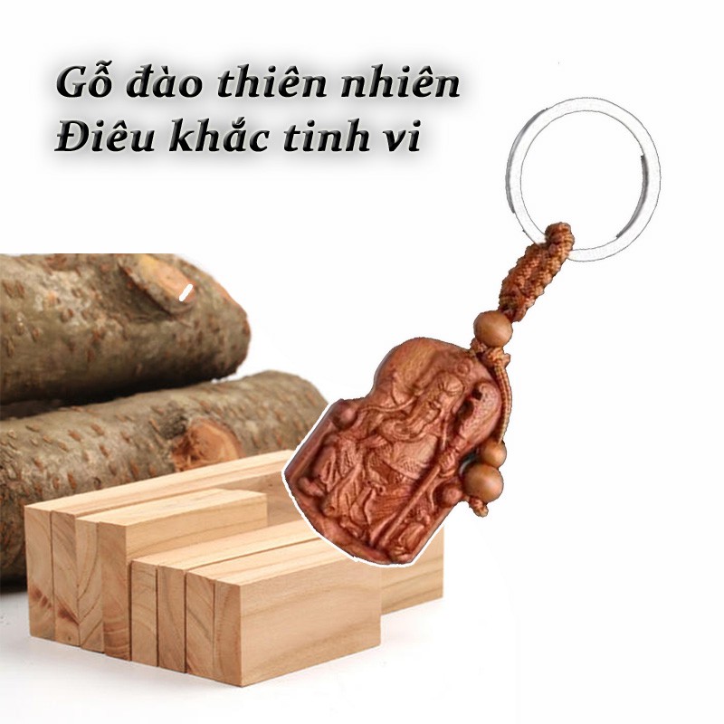 Móc khóa tượng Quan Công gỗ đào đuổi tà khí xua tan tai họa