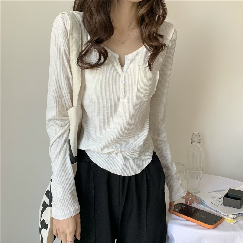 Áo thun tay dài Maika chất liệu thun co dãn bốn chiều có túi ngực ôm body tôn dáng, phụ kiện thời trang Yuna