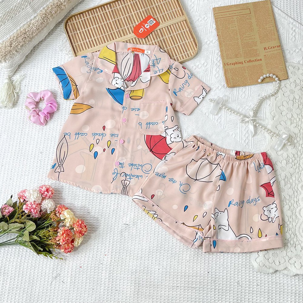 Bộ Quần Áo Ngủ Cộc Đùi Pijama Lụa Mango In Hình Cực Yêu Cho Bé Từ 13-42kg - BPN57 - Babi mama