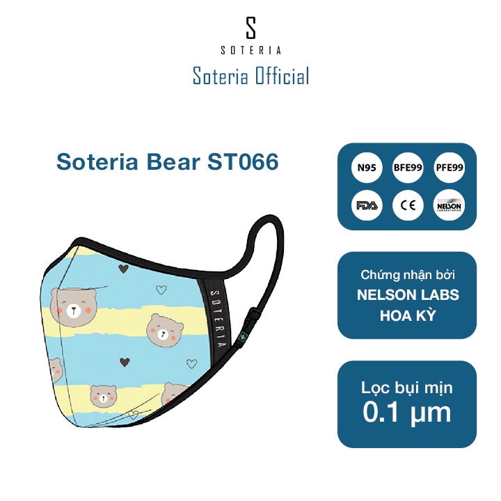Khẩu trang tiêu chuẩn Quốc Tế SOTERIA Bear ST066 - Bộ lọc N95 BFE PFE 99 lọc đến 99% bụi mịn 0.1 micro- Size S,M,L