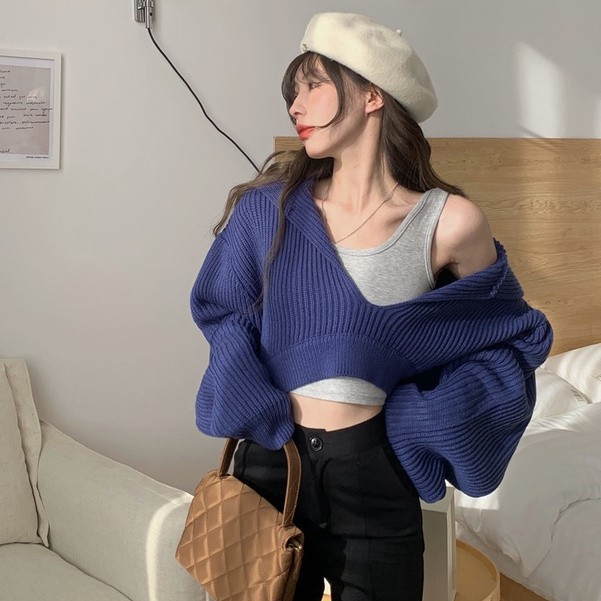 QADCOL Áo có mũ dài tay cổ chữ V dáng rộng thiết kế giản dị thời trang