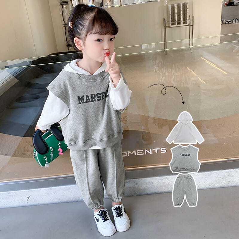 Set Đồ Xuân Thu Gồm Áo Thun Tay Dài Có Nón Trùm Và Quần Dài Màu Xám Kiểu Công Chúa Nhỏ Cho Bé Gái