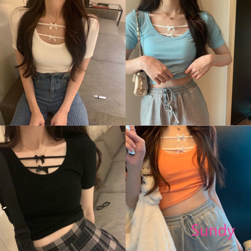 Áo croptop ngắn tay phối nơ xinh xắn thời trang hè cho nữ