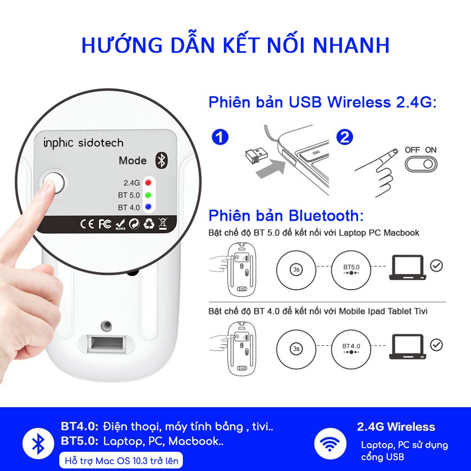 Chuột không dây màu hồng cute sạc pin SIDOTECH Inphic M1P Wireless silent pin sạc 1 lần dùng 4 tuần cho máy tính laptop