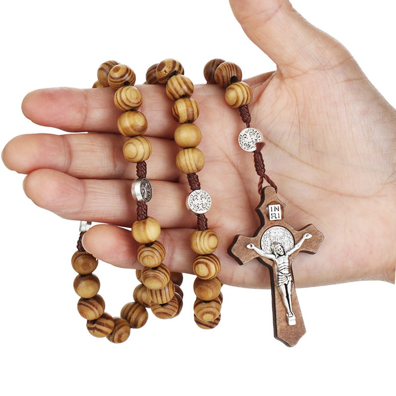 Religious Catholic Jesus Cross Pendant Wooden Beaded Chains Rosary Necklaces