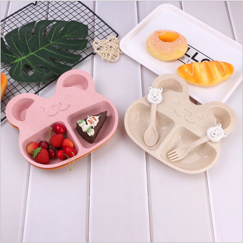Khay ăn dặm kèm thìa dĩa hình gấu cho bé siêu đáng yêu 2x Mart