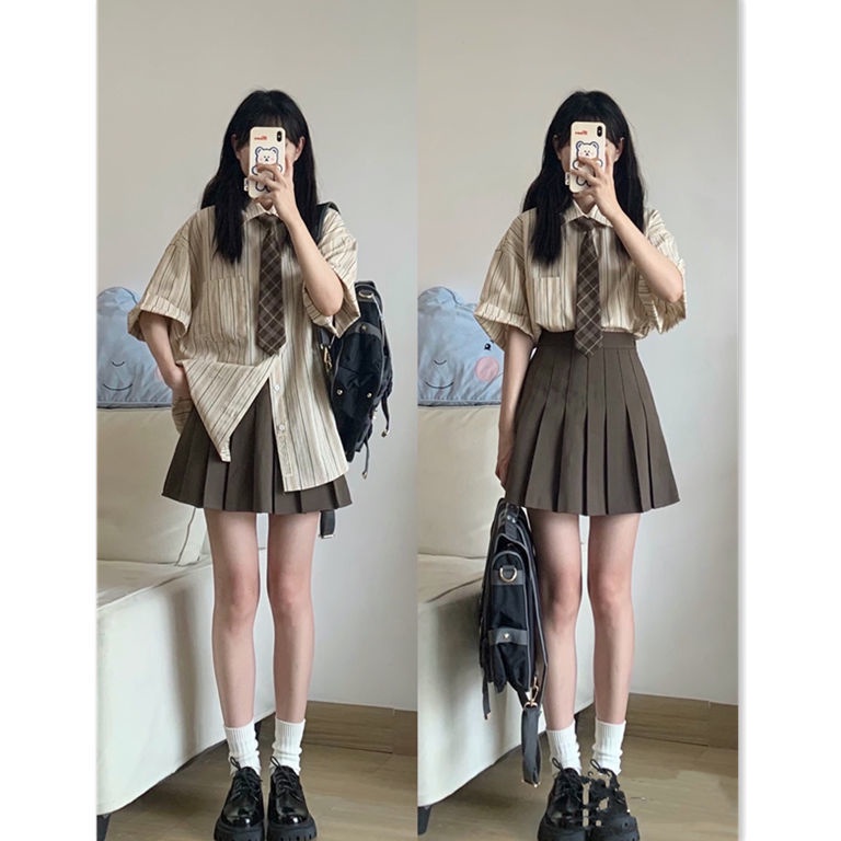 Set Áo Sơ Mi Kẻ Sọc Phối Chân Váy Xếp Ly Ngắn Tay Thời Trang Mùa Hè Cho Nữ