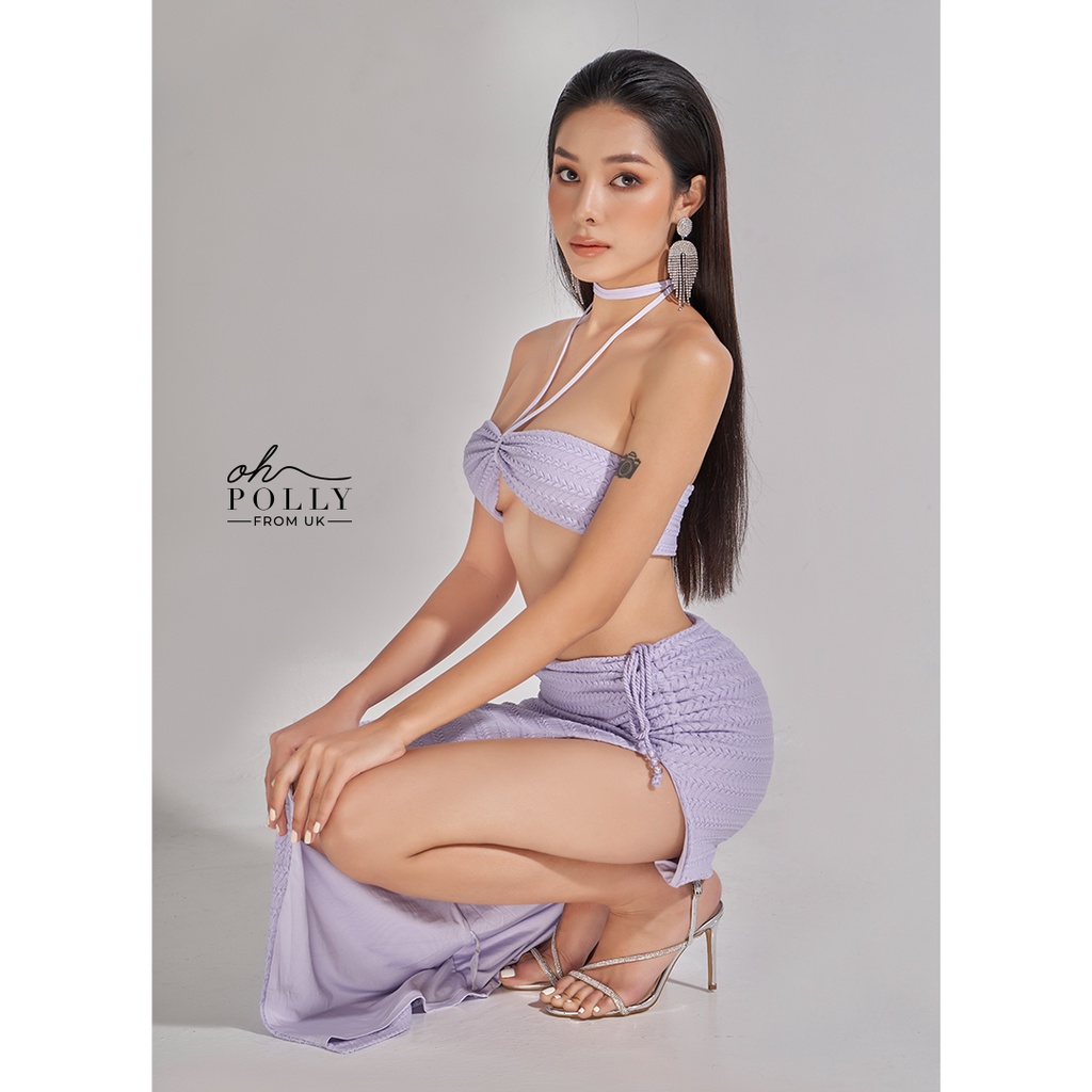 Oh Polly - Set áo croptop len móc rút dây, áo cổ yếm và váy maxi dài, chân váy xẻ tà