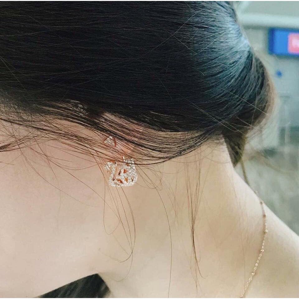 Bộ Trang Sức SWAROVSKI Dây Chuyền Nữ, Khuyên Tai Nữ FACET Mặt Thiên Nga 2 Mặt Đá Rose và Đá Đen, Dây Vàng Thời Trang