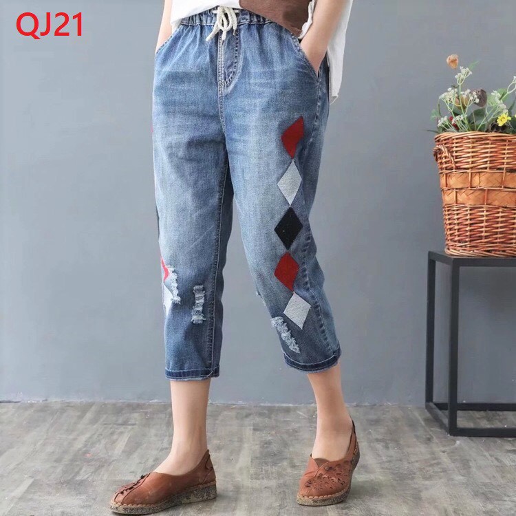 Quần bò nữ sờn thêu họa tiết hình học MS21 BIG SIZE cạp chun co dãn