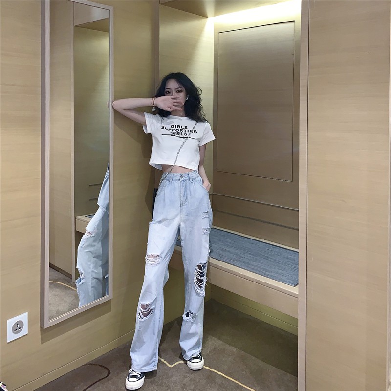 Set áo thun croptop tay ngắn cổ tròn + quần jeans dài nữ lưng cao chân ống rộng xanh nhạt rách 2 bên ulzzang ( 2 màu )