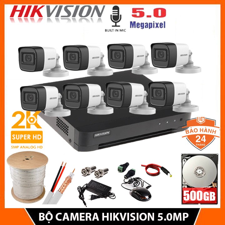 Bộ camera giám sát 8 mắt HIKVISION 5.0MP [2K] Chính hãng, Kèm HDD 500GB + Đủ phụ kiện để lắp đặt - BH 24 Tháng