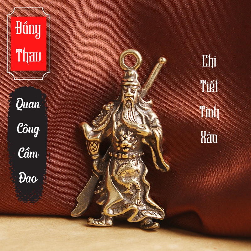 Tượng Trưng Bày Phong Thủy Bằng Đồng Hình Quan Công Cầm Đao Có Lỗ Móc Khóa Đem Lại May Mắn (Kích cỡ: 4.4 x 2.7cm)