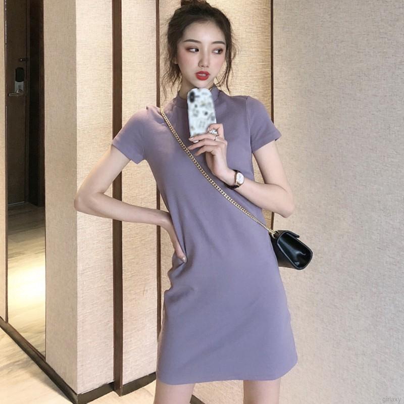 Đầm Body Tay Ngắn Cổ Tròn Màu Trơn Phong Cách Hàn Quốc