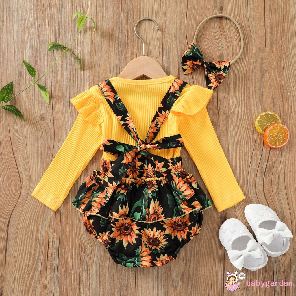 Bộ Áo Thun Tay Dài Màu Sắc Đơn Giản + Quần Yếm In Hoa + Băng Đô Dành Cho Bé Gái 0-24 Tháng Tuổi