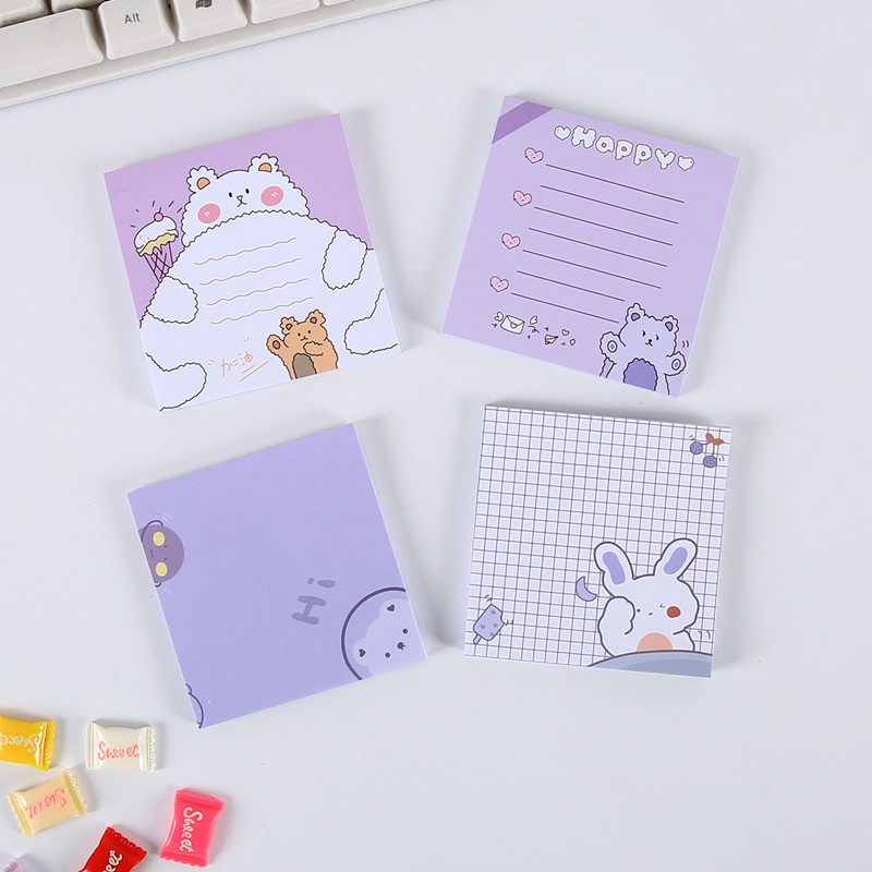 Set 50 tờ giấy note tím pastel hình gấu - Set giấy ghi chú tone tím có keo dán