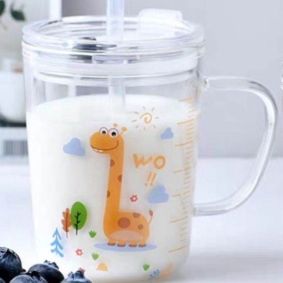 Cốc pha sữa thuỷ tinh chia vạch có nắp và ống hút, Ly thủy tinh chia vạch ml kèm ống hút và nắp chống tràn Cao Cấp
