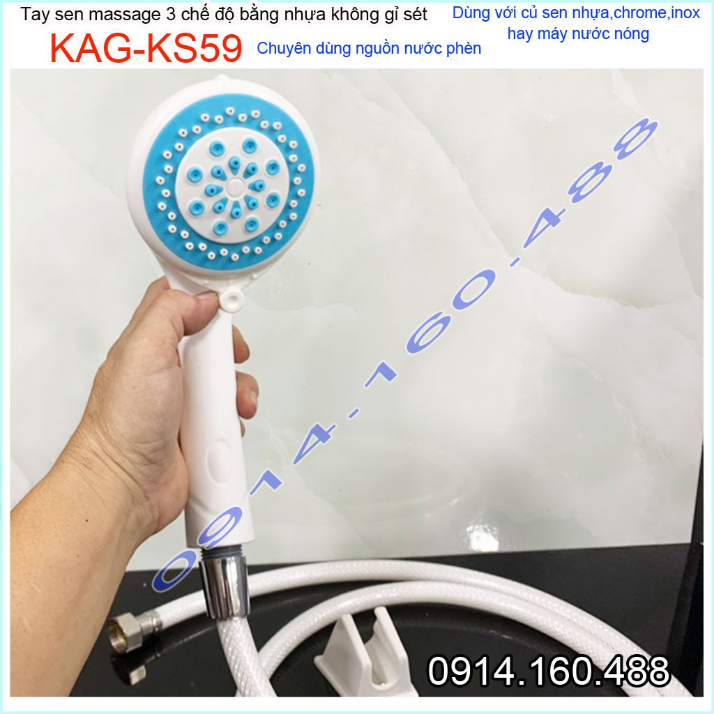 Vòi sen nhựa KAG-KS59 Shower head, trọn bộ bát sen nhựa 100% dùng vùng nước phèn không gỉ séc tia phun nước mạnh sử dụng