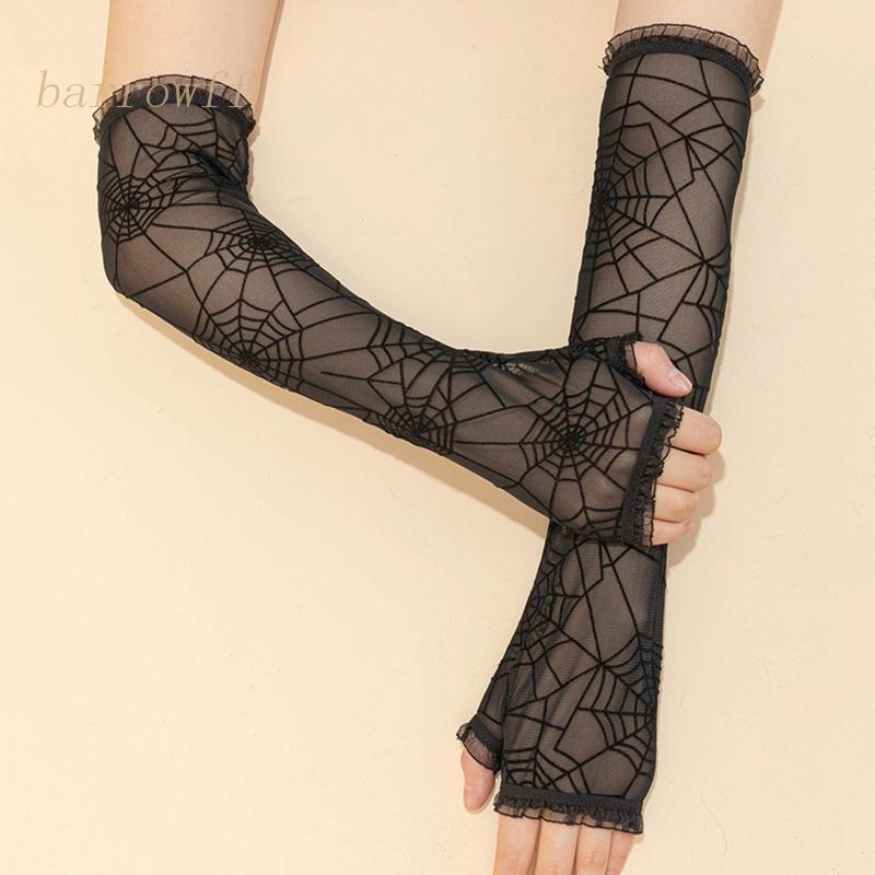 Brroa Găng Tay Lưới Đen Dài Co Giãn Chống Tia UV Trang Trí Web Nhện Cho Cô Dâu