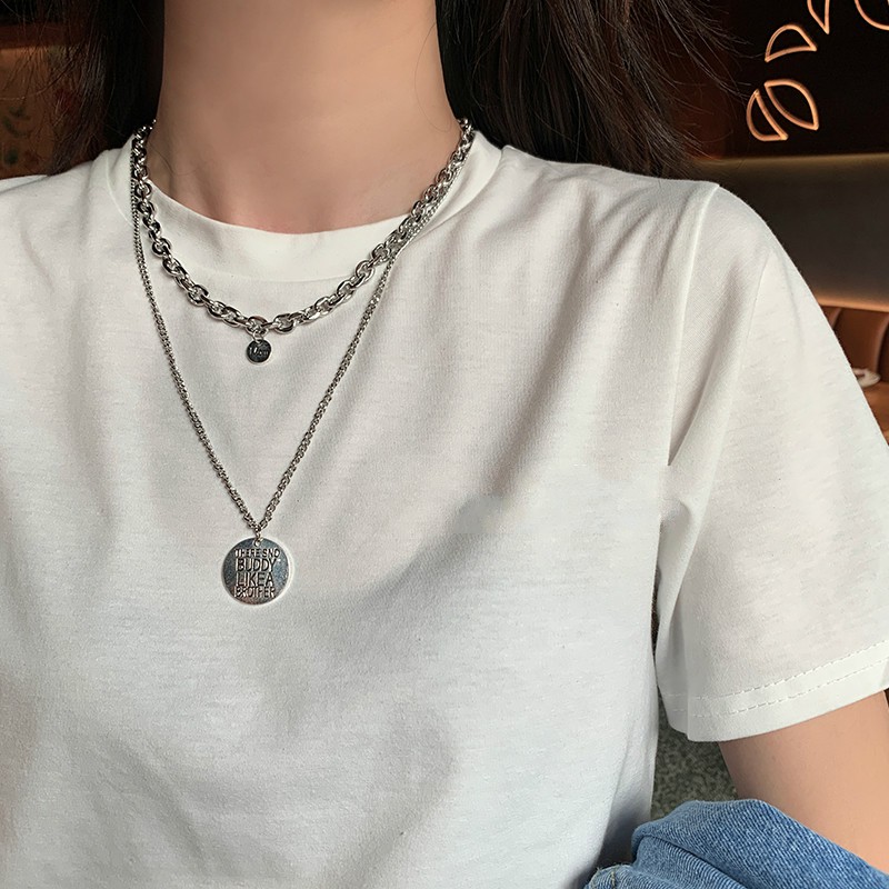 Dây Chuyền Hai Lớp Mặt Tròn Khắc Chữ Phong Cách Hip Hop