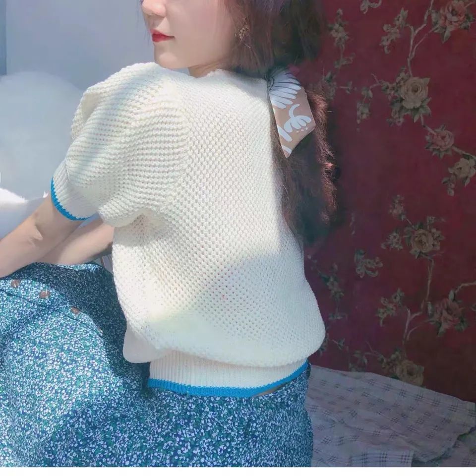 Áo Dệt Kim Tay Ngắn Phồng Dáng Rộng Thêu Hoa Thủ Công Kiểu Pháp Dễ Thương  tao bao