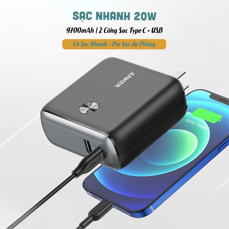 Pin sạc dự phòng kiêm củ sạc nhanh ANKER Powercore Fusion 5.000 mAh mã A1624 18W PD, 10.000mAh Type C - A1623 20W PD