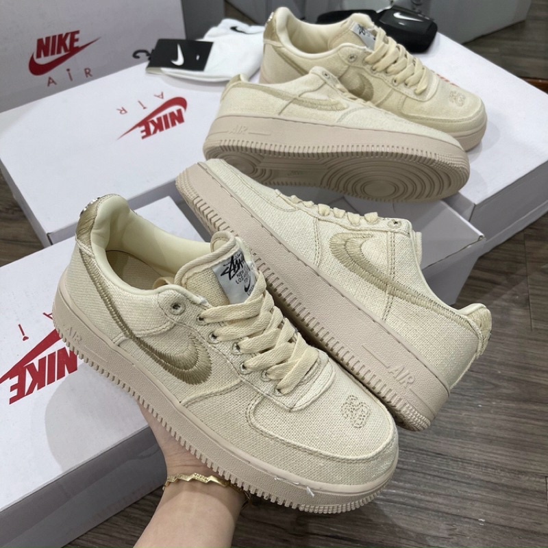 Giày Air Force 1 Low Stussy Fossil, Giày AF1 Vải thêu hot trend 2023 Full Box