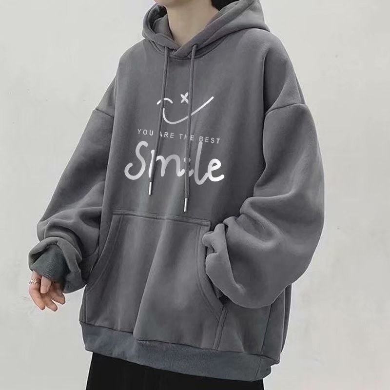 Áo hoodie Nhung Dày Tay Dài In Chữ Mặt Cười Cỡ Lớn m-5xl Thời Trang Mùa Thu Cho Nam