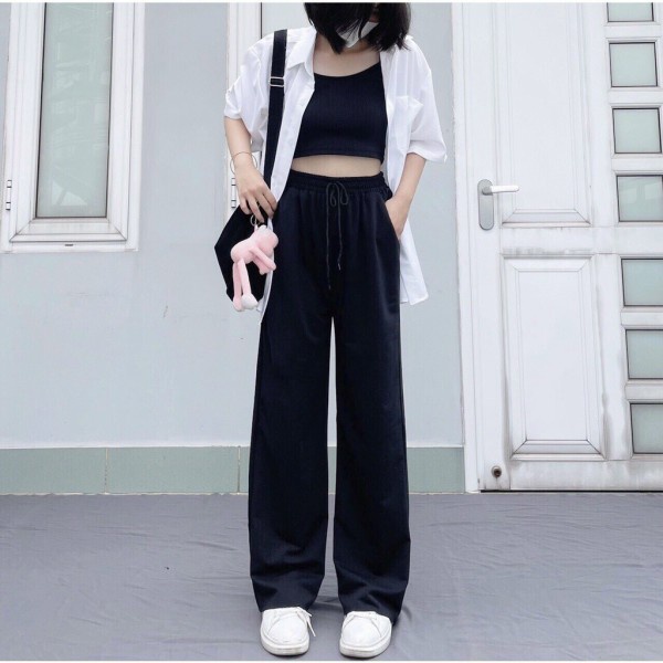 Quần nỉ ống rộng suông trơn 5 màu baisc - Culottes cạp chun vintage, thiết kế đơn giản, phong cách trẻ trung hàn quốc