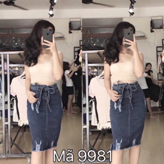 Chân váy bò buộc nơ- rách