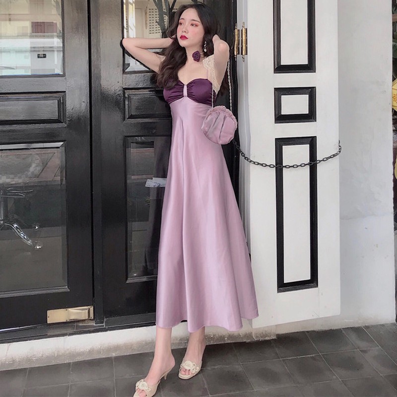 SẴN Áo khoác ren hoa ngắn + đầm hai dây tím tiểu thư sang trọng quyến rũ kiểu dáng độc lạ xinh J0080