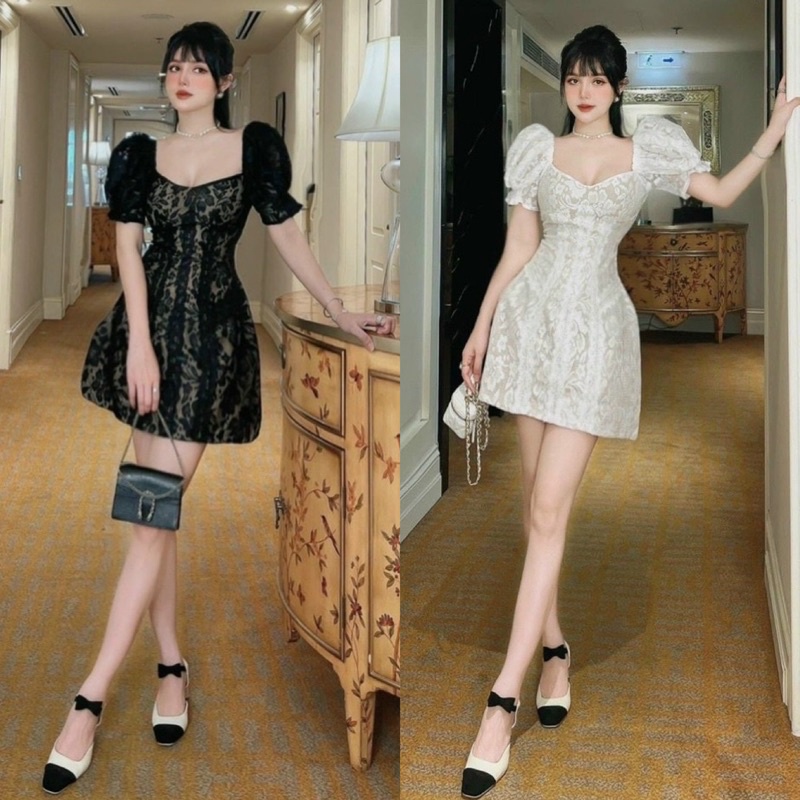 Đầm váy ren ngắn form chữ A tay ngắn bồng/phồng trắng đen, thời trang nữ hot girl đi chơi dự tiệc sang trọng quyến rũ